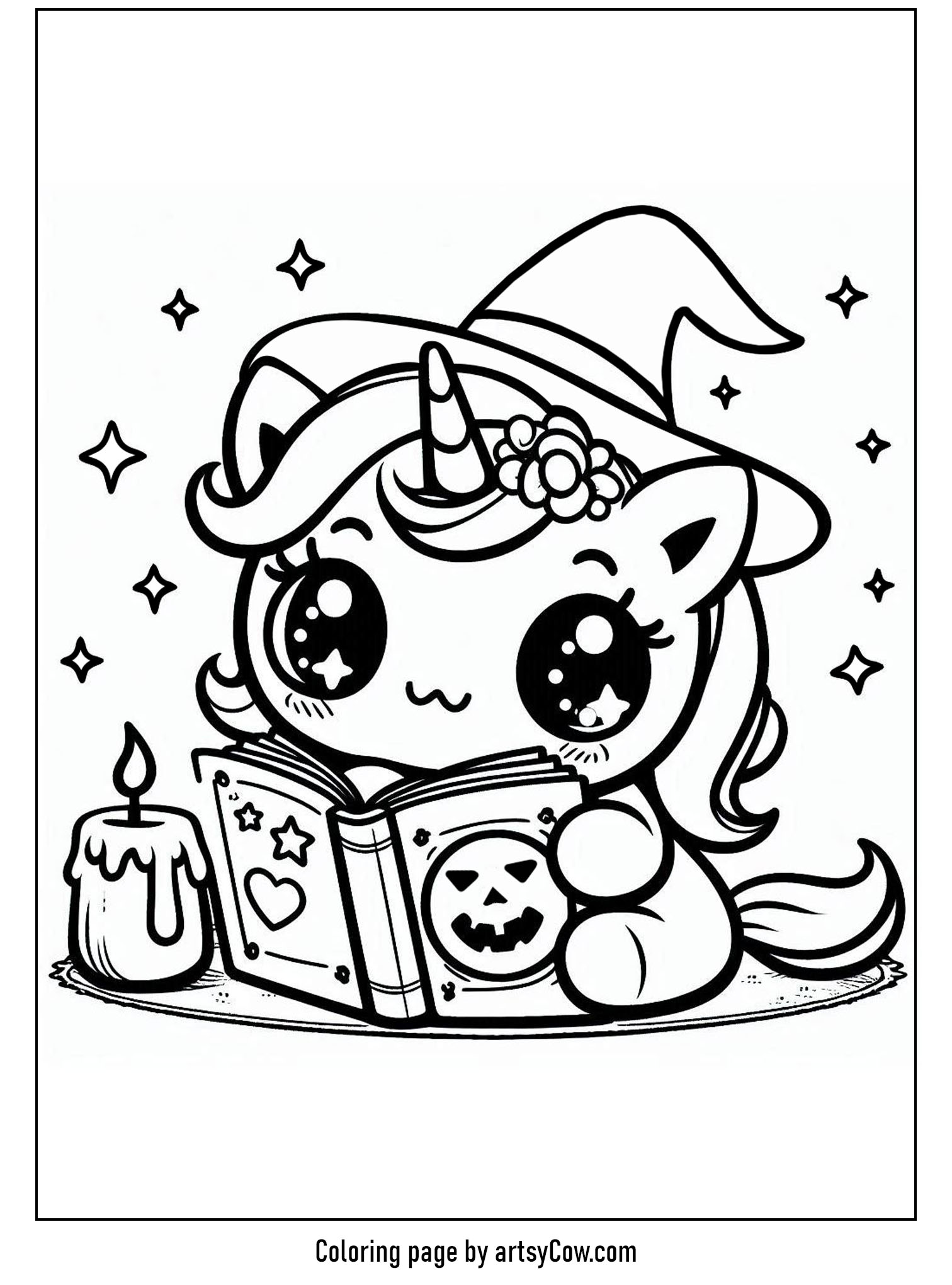 Halloween coloring pages with unicorn 2 featuring a cute unicorn wearing a witch hat and reading a spell book adorned with stars and hearts. A candle glows beside it.